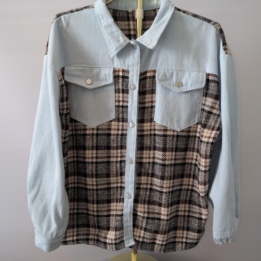 Charming Charlie Plaid Mixed Media Shacket Women 2XL Light Blue Corduroy